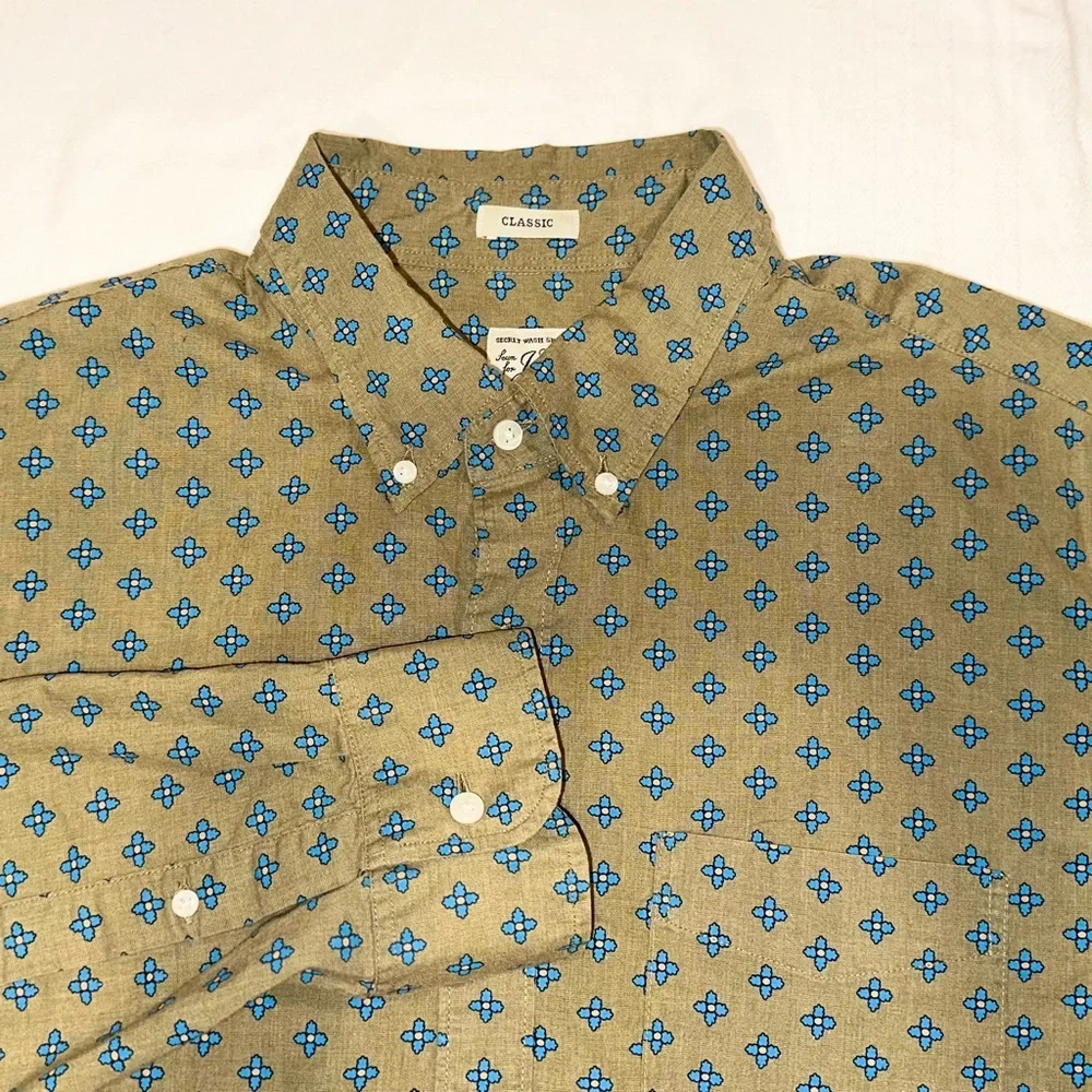 J. Crew Shirt Mens Classic 100% Cotton Olive Green Blue Floral Button Down ~ L